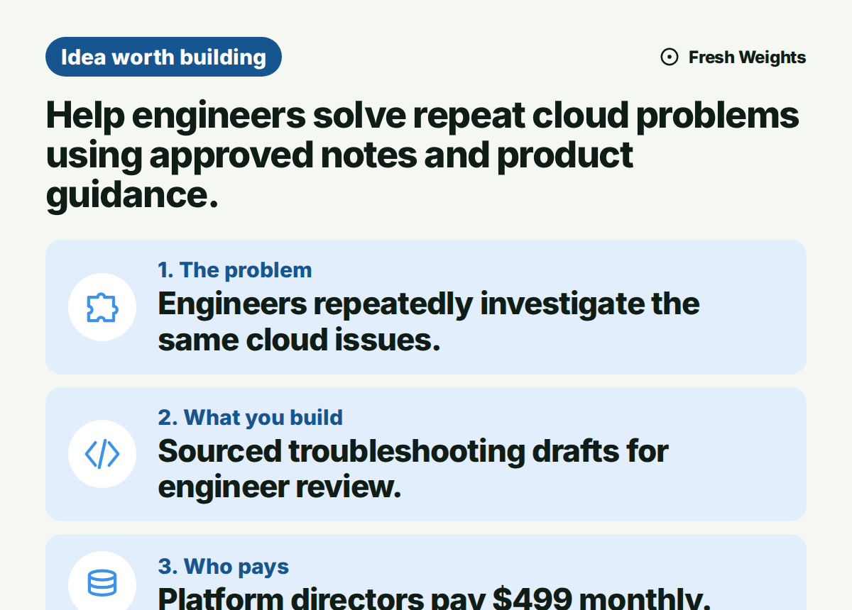 Help engineers solve repeat cloud problems using approved notes and product guidance. The problem: Engineers repeatedly investigate the same cloud issues. What you build: Sourced troubleshooting drafts for engineer review. Who pays: Platform directors pay $499 monthly.