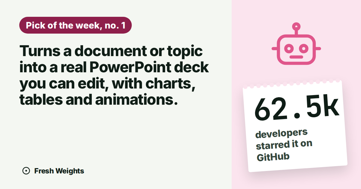 Turns a document or topic into a real PowerPoint deck you can edit, with charts, tables and animations.